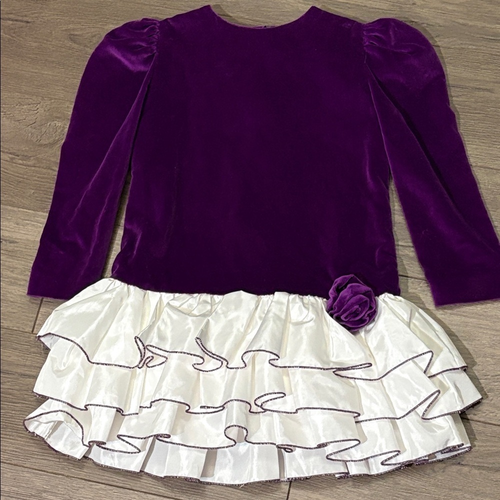 VNTG 80’s Purple Velvet Dress with White Ruffled Drop Waist Skirt
